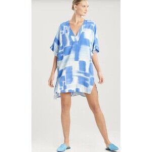 Natori Kasuri Size L Ocean Blue/White Sleepshirt Coverup Everyday Beach Timeless